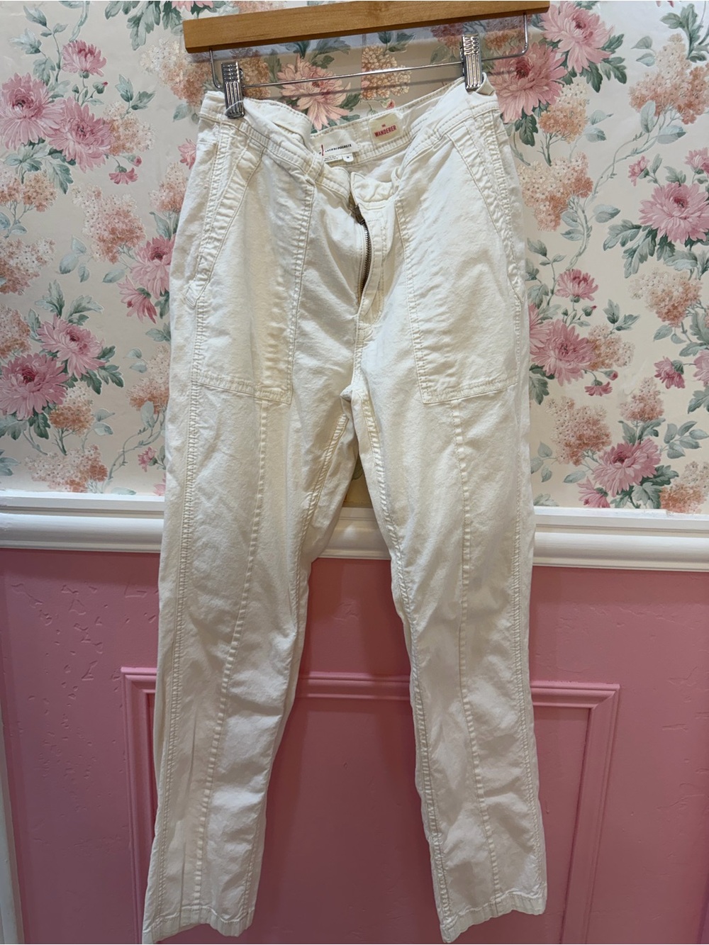 Anthropologie Cream Straight-Leg Jeans with Stitch Detail
